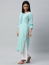 Elegant block printed  kurta with hand embroidery detailing.