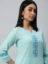 Elegant block printed  kurta with hand embroidery detailing.