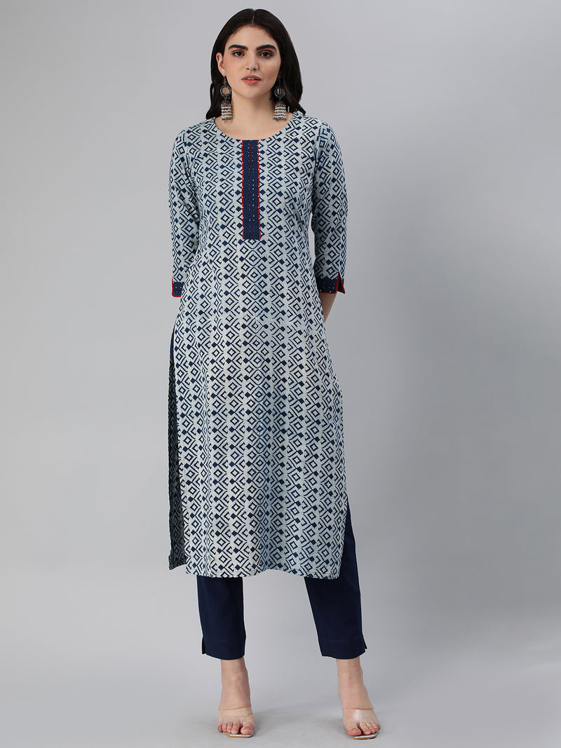 Straight fit indigo print kurta with detailing of schiffli on placket and sleeves.