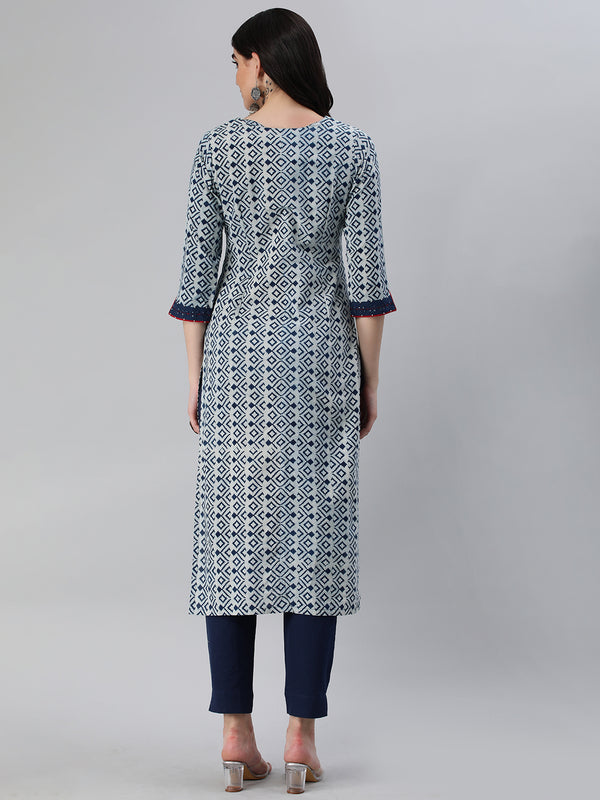 Straight fit indigo print kurta with detailing of schiffli on placket and sleeves.