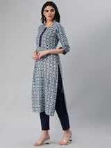 Straight fit indigo print kurta with detailing of schiffli on placket and sleeves.