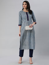 Straight fit indigo print kurta with detailing of schiffli on placket and sleeves.