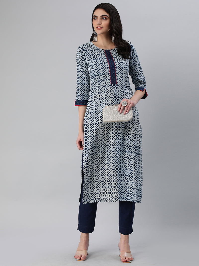 Straight fit indigo print kurta with detailing of schiffli on placket and sleeves.