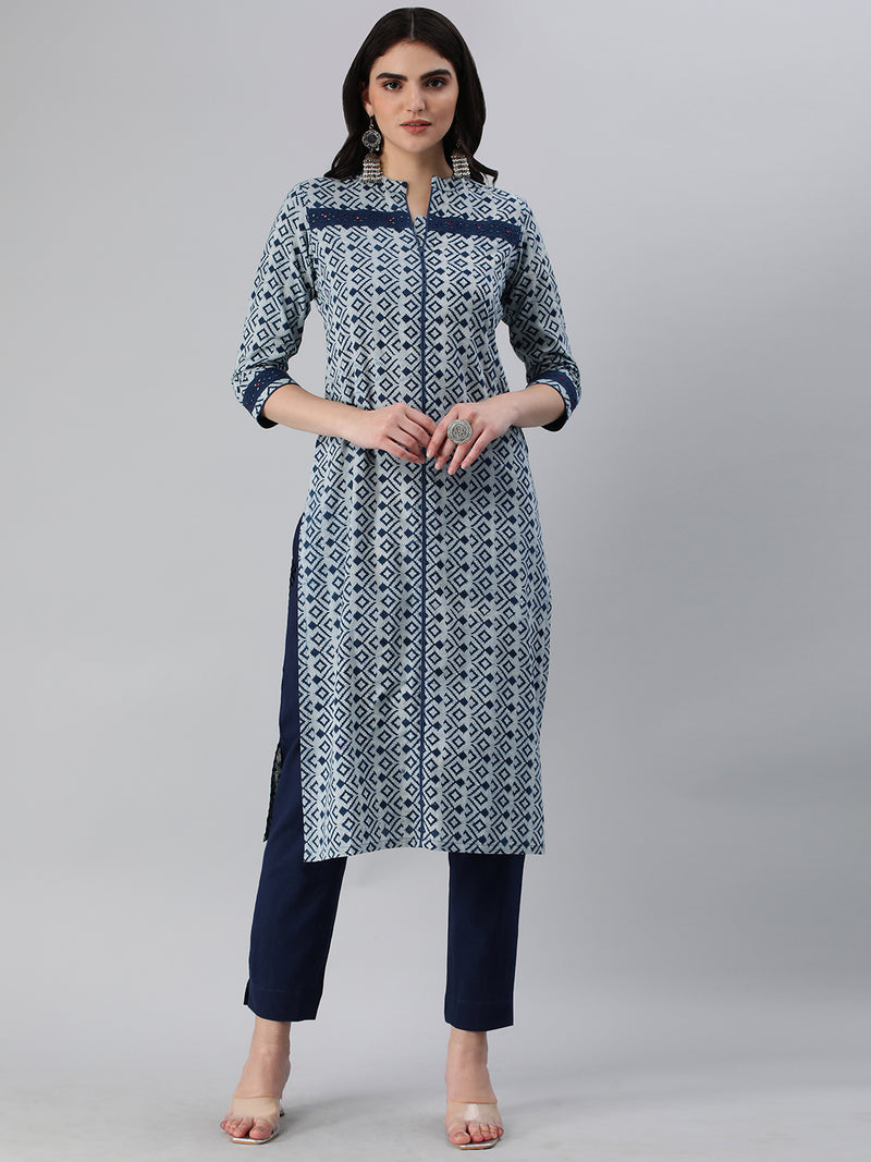 Straight fit printed bagru cotton kurta with schiffli detailing on cuff and neck.