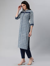 Straight fit printed bagru cotton kurta with schiffli detailing on cuff and neck.