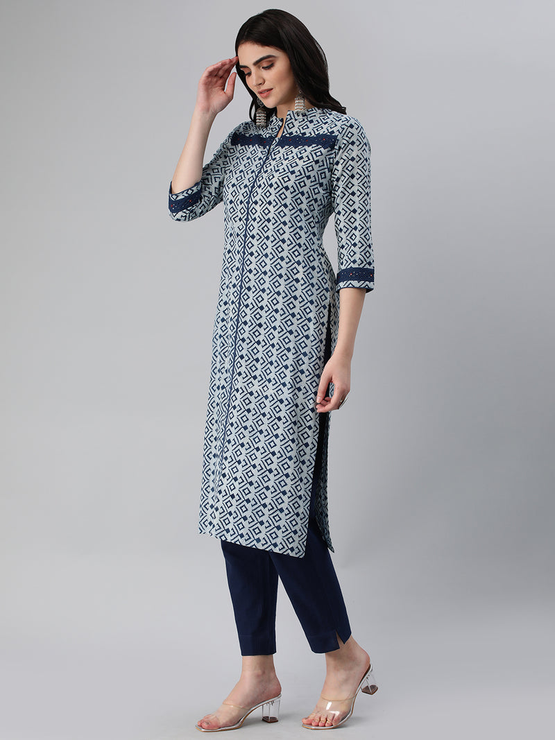 Straight fit printed bagru cotton kurta with schiffli detailing on cuff and neck.