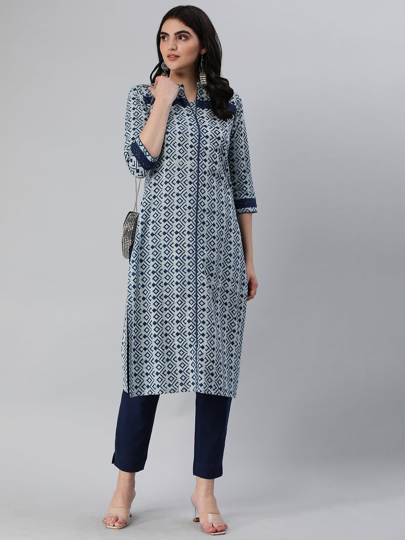 Straight fit printed bagru cotton kurta with schiffli detailing on cuff and neck.