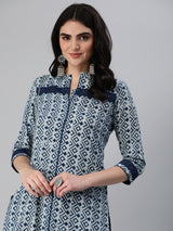 Straight fit printed bagru cotton kurta with schiffli detailing on cuff and neck.