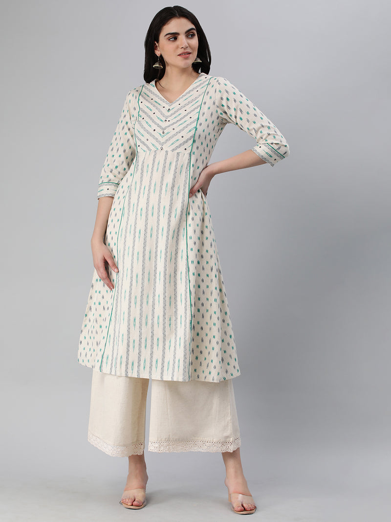 A flex printed a-line kurti with pipin detail and mirror detail.