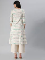 A flex printed a-line kurti with pipin detail and mirror detail.