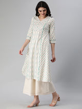 A flex printed a-line kurti with pipin detail and mirror detail.