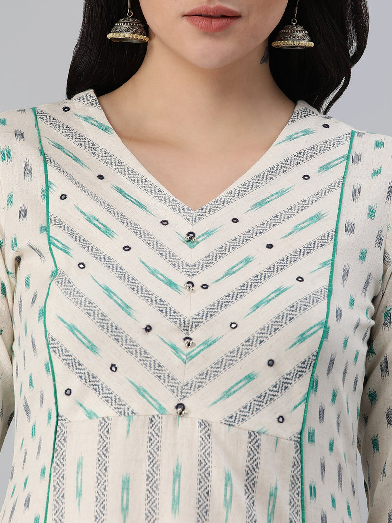 A flex printed a-line kurti with pipin detail and mirror detail.