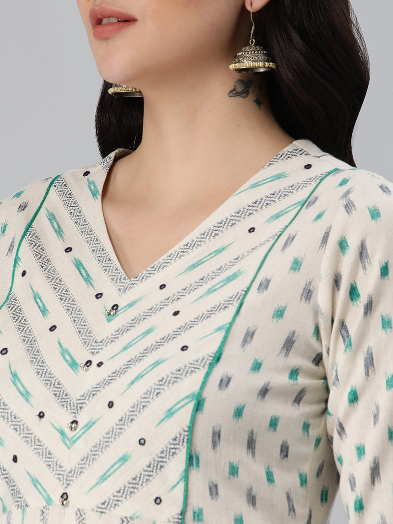 A flex printed a-line kurti with pipin detail and mirror detail.