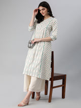 A flex printed a-line kurti with pipin detail and mirror detail.