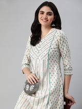 A flex printed a-line kurti with pipin detail and mirror detail.