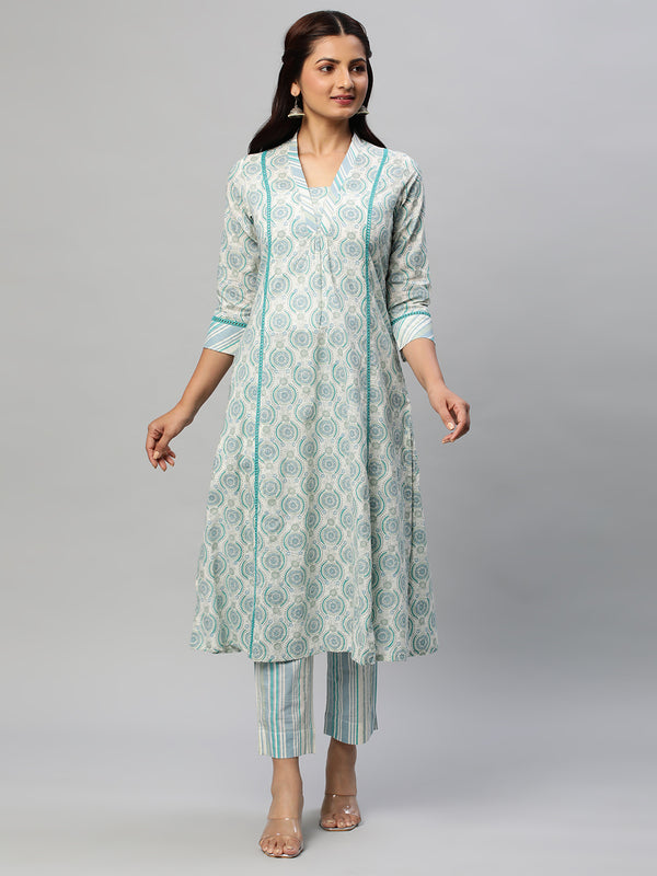 A line printed cotton V neck Kurta with lace detailing paired with self striped Pant.