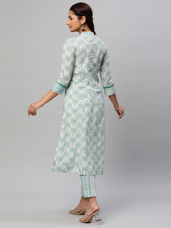 A line printed cotton V neck Kurta with lace detailing paired with self striped Pant.