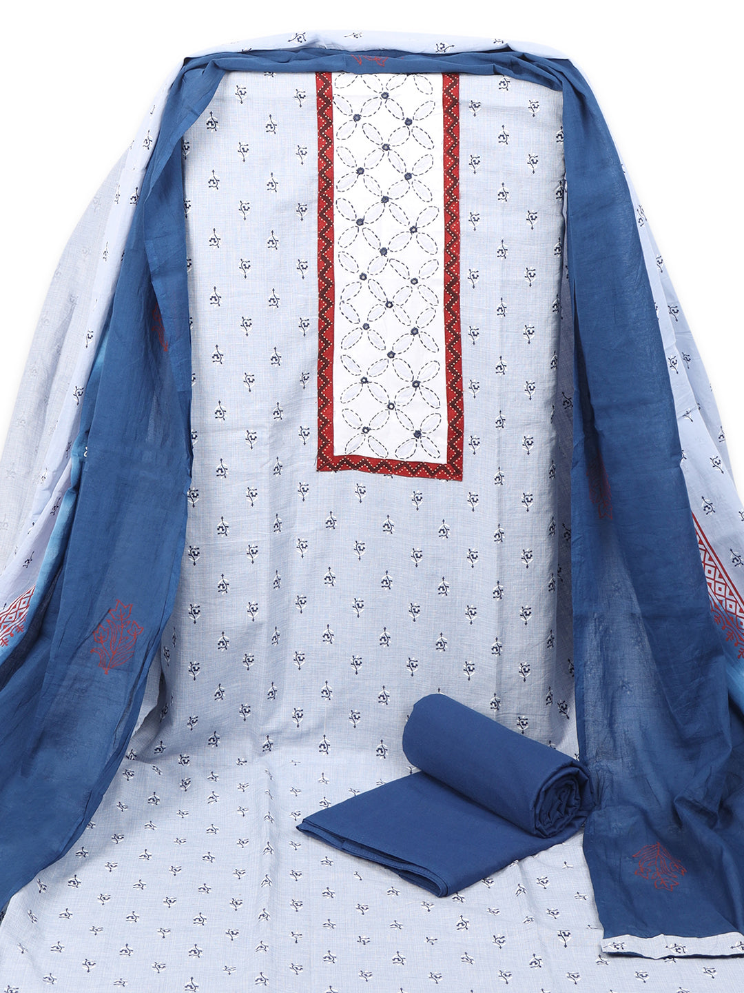 Unstitched printed suit set with a contrast colour applique yoke that emphasizes handwork and printed dupatta