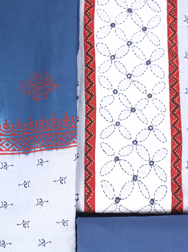 Unstitched printed suit set with a contrast color applique yoke that emphasizes handwork and printed dupatta.