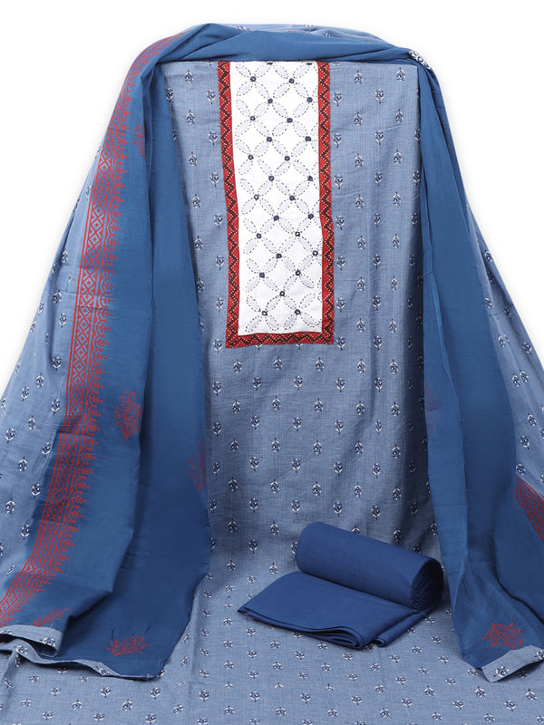 Unstitched printed suit set with a contrast color applique yoke that emphasizes handwork and printed dupatta.