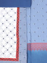 Unstitched printed suit set with a contrast color applique yoke that emphasizes handwork and printed dupatta.