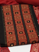 Black unstitched suit set with a mix-and-match yoke and handwork details with printed dupatta and plain bottom