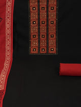 Black unstitched suit set with a mix-and-match yoke and handwork details with printed dupatta and plain bottom