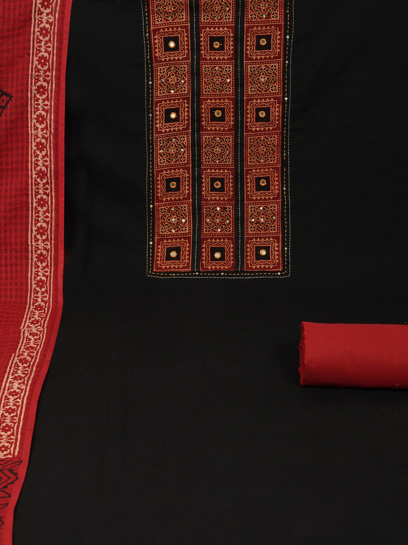 Black unstitched suit set with a mix-and-match yoke and handwork details with printed dupatta and plain bottom