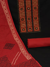 Black unstitched suit set with a mix-and-match yoke and handwork details with printed dupatta and plain bottom