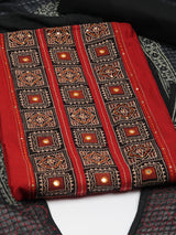 Maroon unstitched suit set with a mix-and-match yoke and handwork details with printed dupatta and plain bottom.