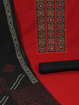 Maroon unstitched suit set with a mix-and-match yoke and handwork details with printed dupatta and plain bottom.