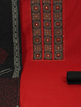 Maroon unstitched suit set with a mix-and-match yoke and handwork details with printed dupatta and plain bottom.