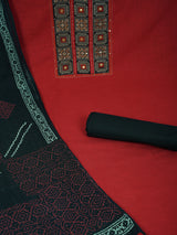 Maroon unstitched suit set with a mix-and-match yoke and handwork details with printed dupatta and plain bottom.