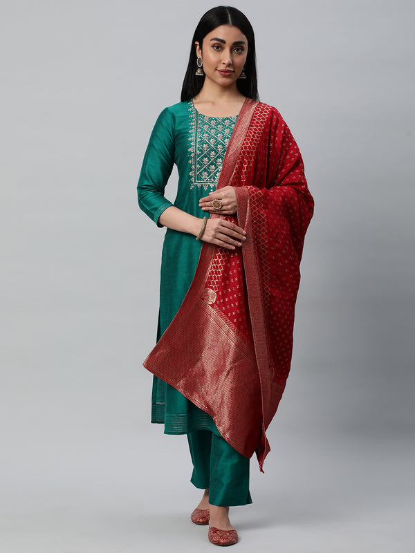 VAMA - Unstitched suit set with a heavily embroidered yoke and a contrasting brocade dupatta.