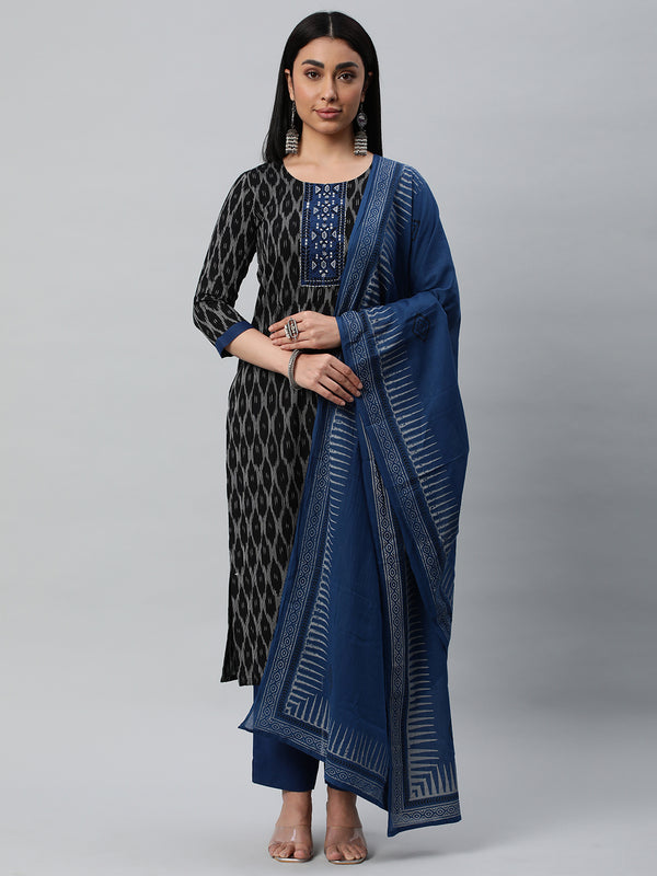Unstitched cotton suit set with an ikat top and contrast-colored dupatta.