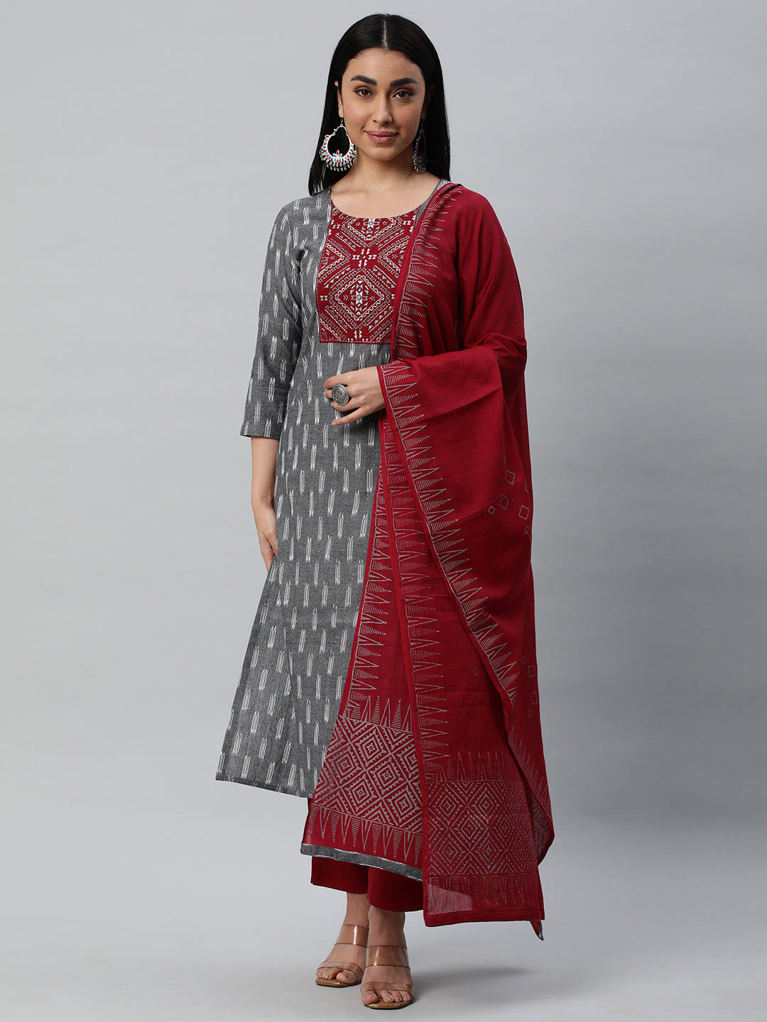 Unstitched cotton suit set with an ikat top and contrast-colored dupatta