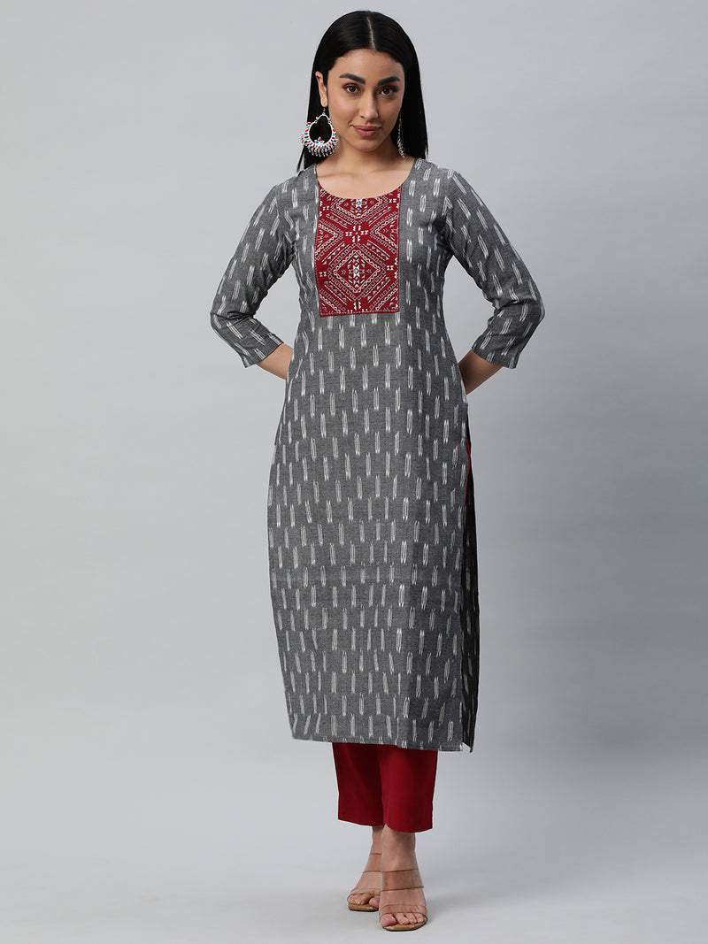 Unstitched cotton suit set with an ikat top and contrast-colored dupatta.