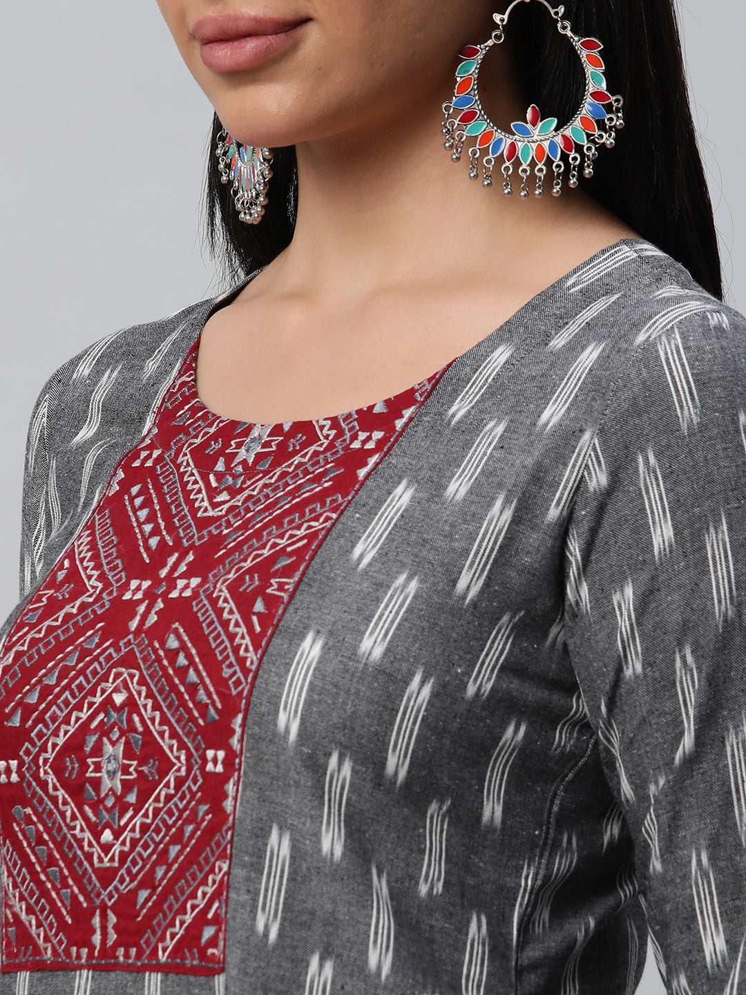 Unstitched cotton suit set with an ikat top and contrast-colored dupatta