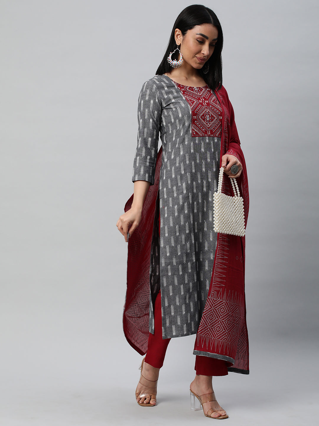 Unstitched cotton suit set with an ikat top and contrast-colored dupatta