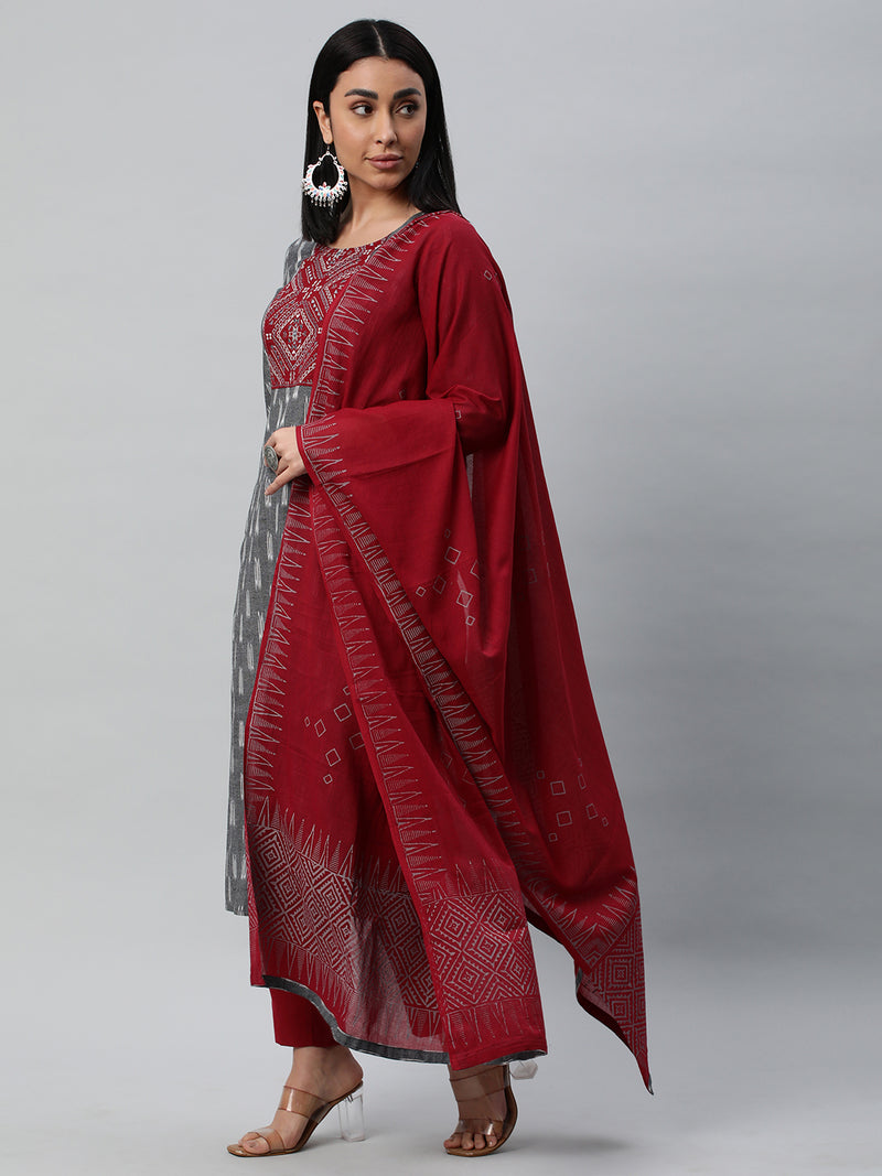 Unstitched cotton suit set with an ikat top and contrast-colored dupatta.