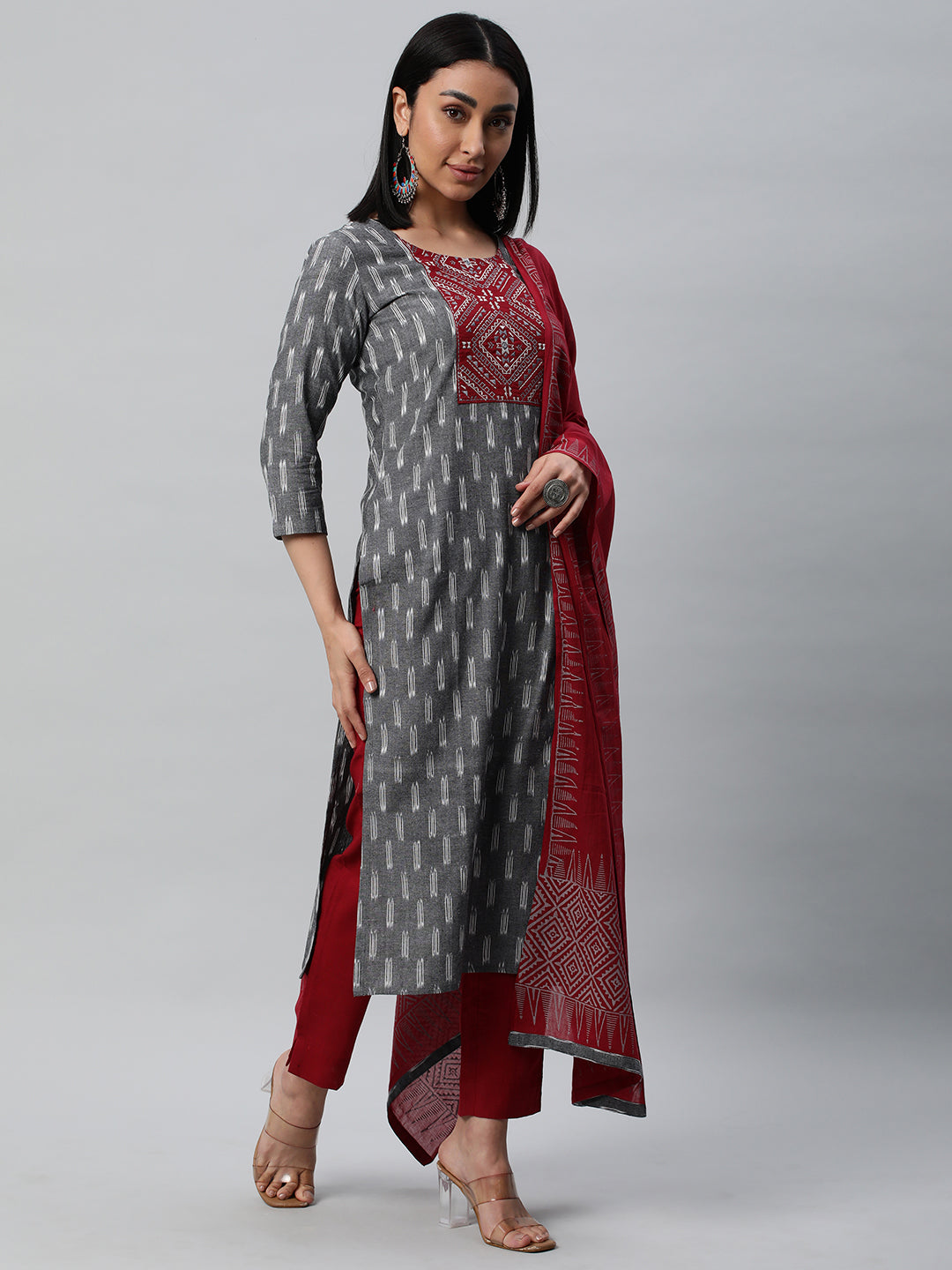 Unstitched cotton suit set with an ikat top and contrast-colored dupatta