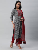 Unstitched cotton suit set with an ikat top and contrast-colored dupatta.