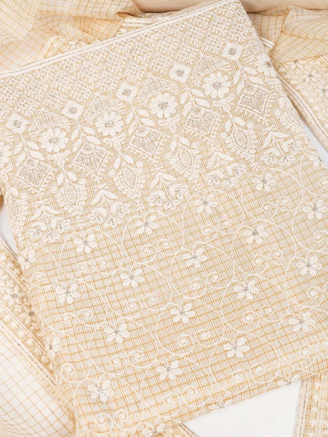 Party Edit- Unstitched suit set with kota-doria dupatta and plain bottom