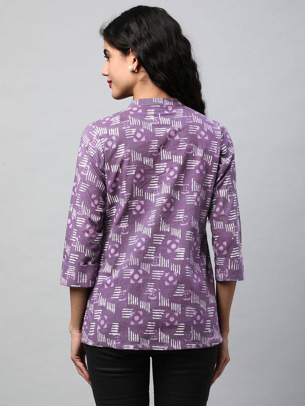 Pleated cotton bagru printed top with placket and button