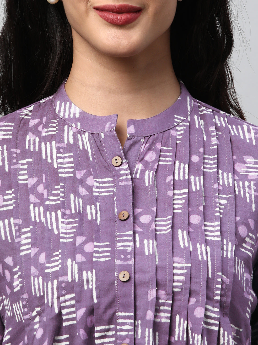 Pleated cotton bagru printed top with placket and button