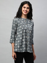 Pleated cotton bagru printed top with placket and button