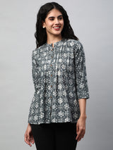 Pleated cotton bagru printed top with placket and button