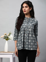 Pleated cotton bagru printed top with placket and button