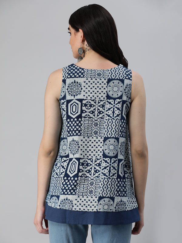 Udaan - Flared indigo bagru printed sleeveless top with mock layer details.