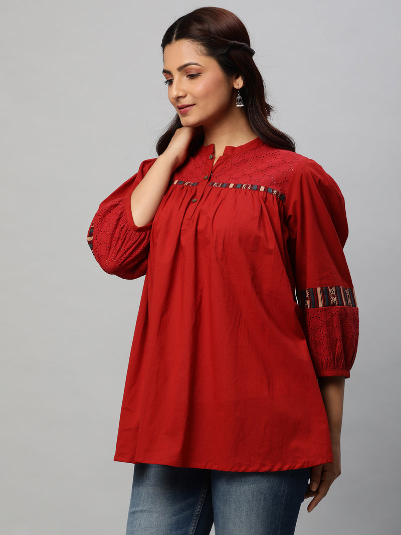 Cotton top with Schifli yoke and cuff.